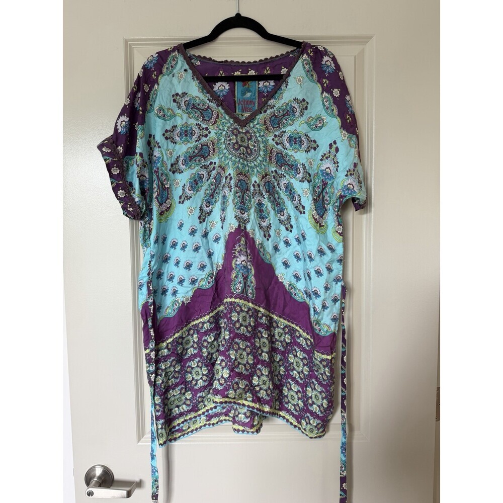Johnny Was 100% Silk Belted Tunic in Blue Purple Floral Print Size Medium V Neck